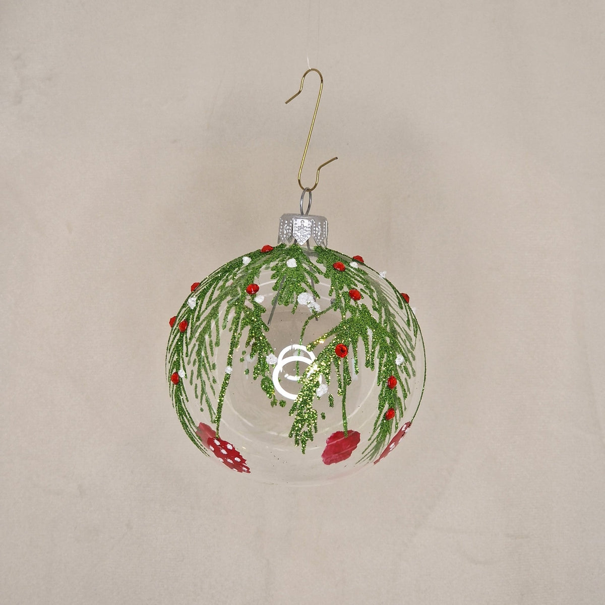 8cm transparent klar kula med mönster i grönt och rött - Julstämning.se