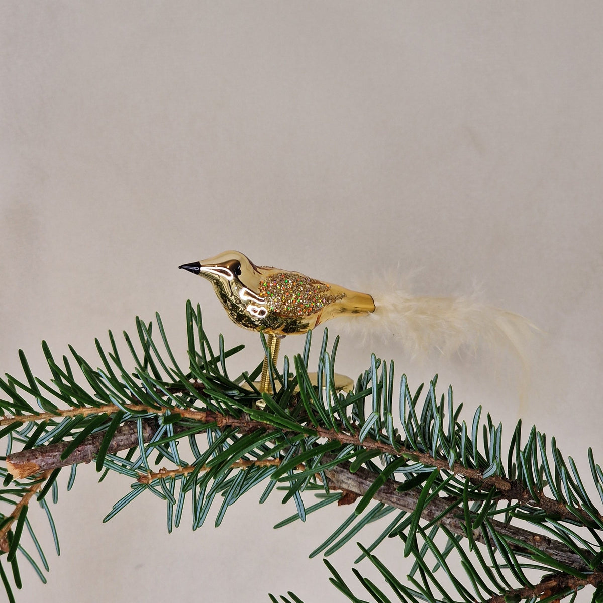 5cm guld glansig med benvita fjädrar - Julstämning.se