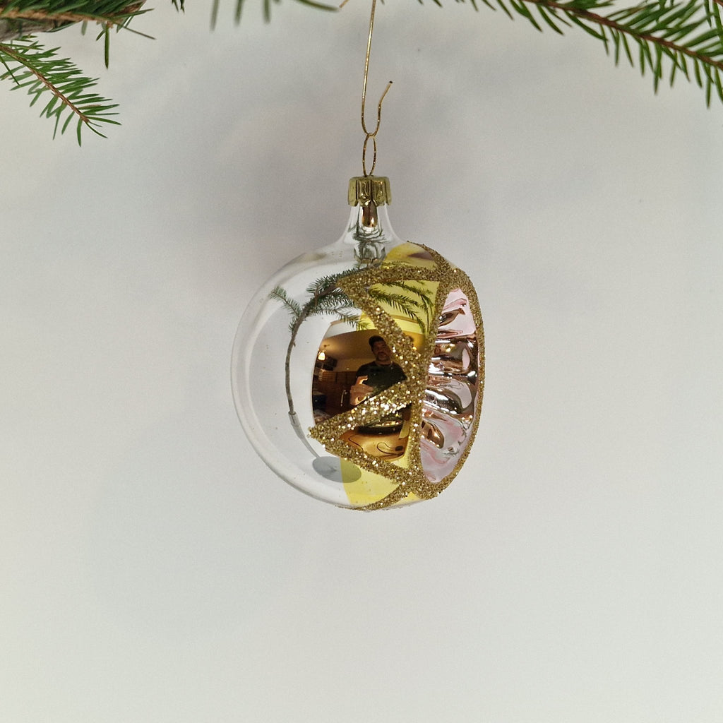 6cm reflektorkula i silver och guld med glitter samt guldig-rosaskimrande reflektor