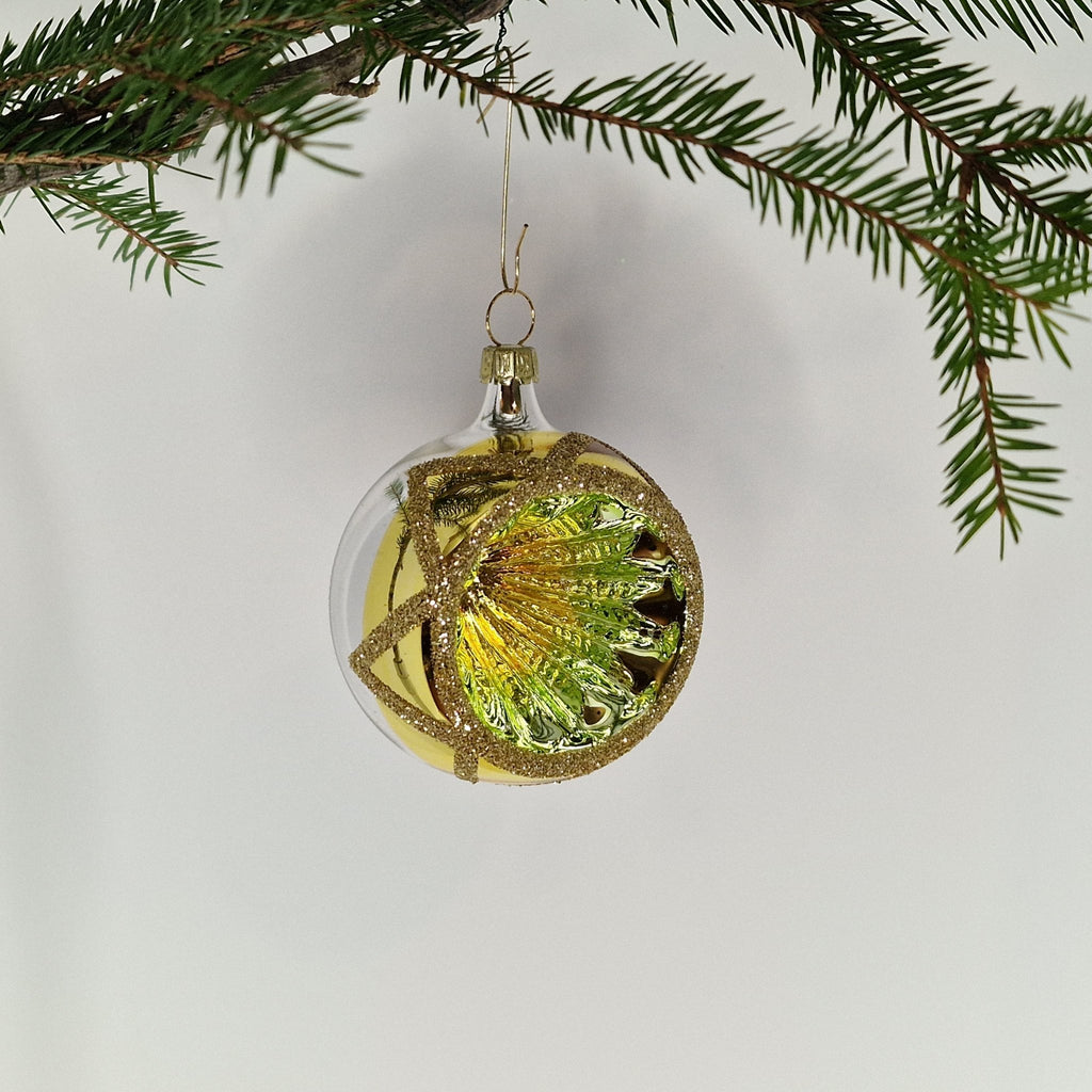6cm reflektorkula i silver och guld med glitter samt guldig-grön reflektor