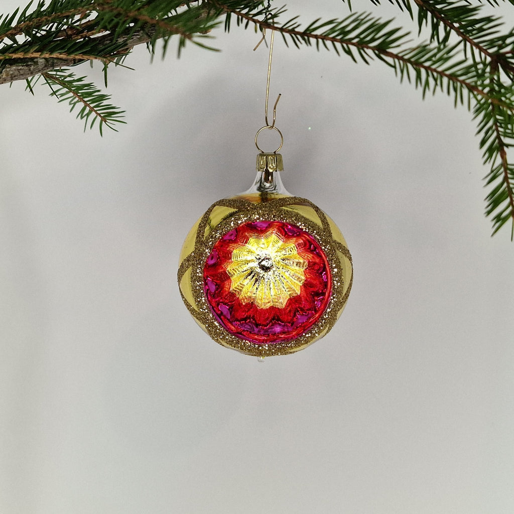 6cm reflektorkula i silver och guld med glitter samt guldig-röd/rosa reflektor