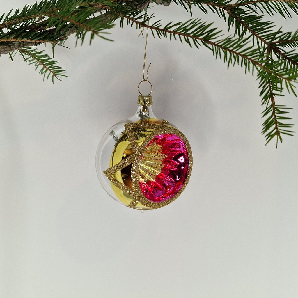 6cm reflektorkula i silver och guld med glitter samt guldig-röd/rosa reflektor