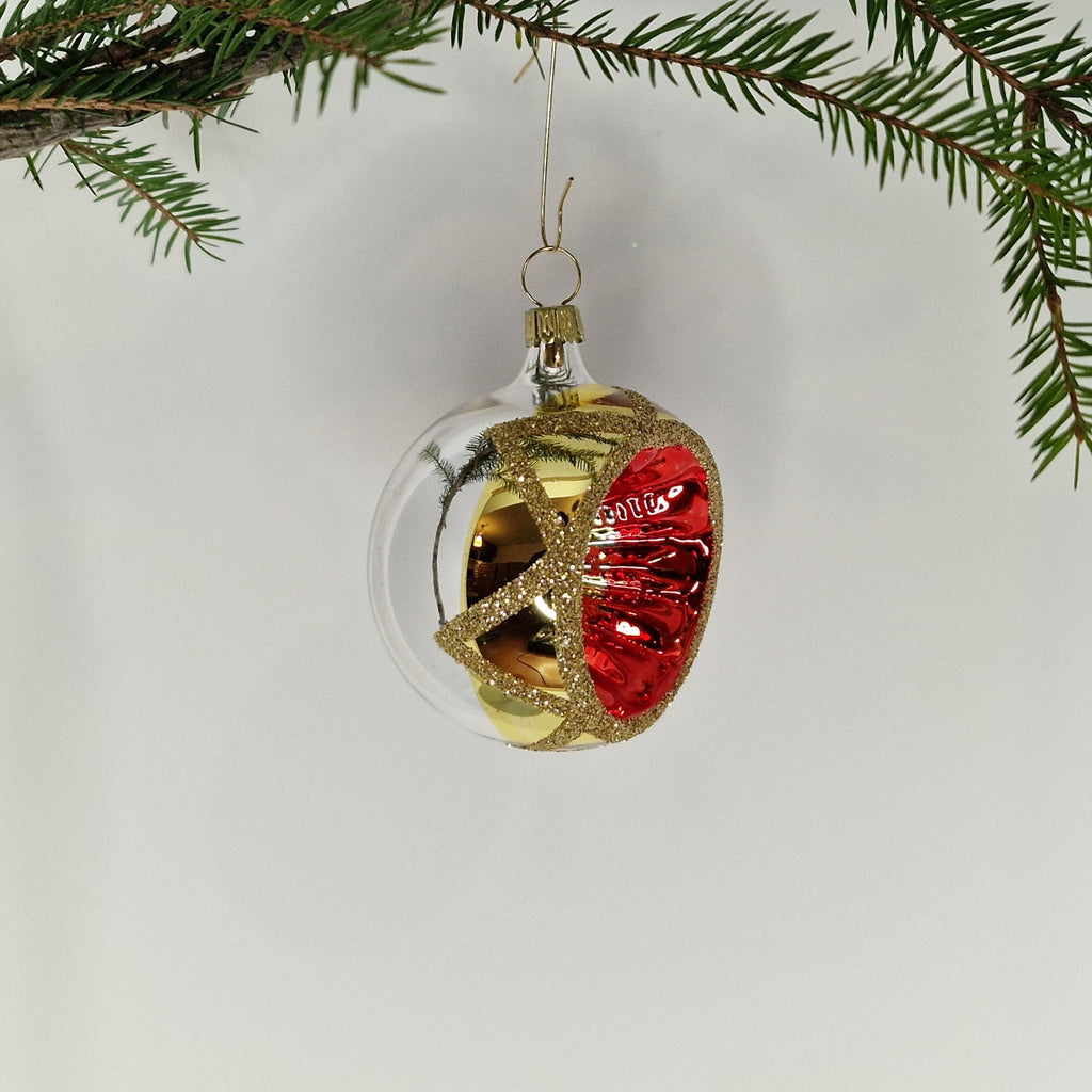 6cm reflektorkula i silver och guld med glitter samt guldig-röd reflektor