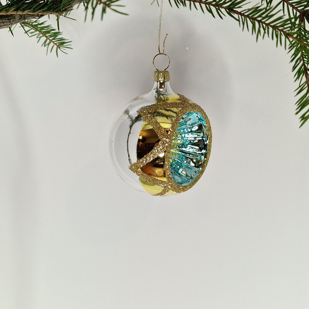 6cm reflektorkula i silver och guld med glitter samt guldig-jadegrön/blå reflektor