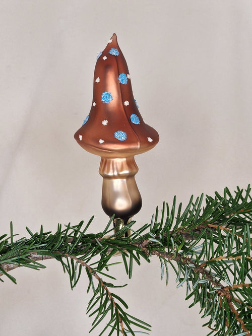 11cm svamp i brunt med blå dekoration, fluorescerande - Julstämning.se
